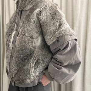 Vintage rabbit fur and suede convertible bomber jacket